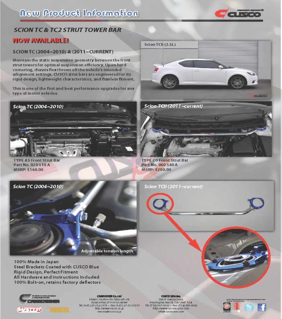 Cusco Introduces 2011 Scion TC and TCII Strut Braces Vivid Racing News