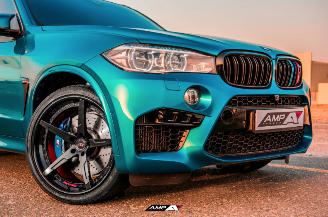 Long Beach Blue, BMW X5M, monoblock, forged, AMP-5 wheels