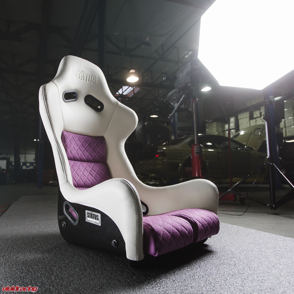 Status Racing GT-X Wrapped in White Leather with Diamond Stitched Lavender Inserts