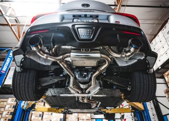 Undershot of Toyota Supra’s performance exhaust system.