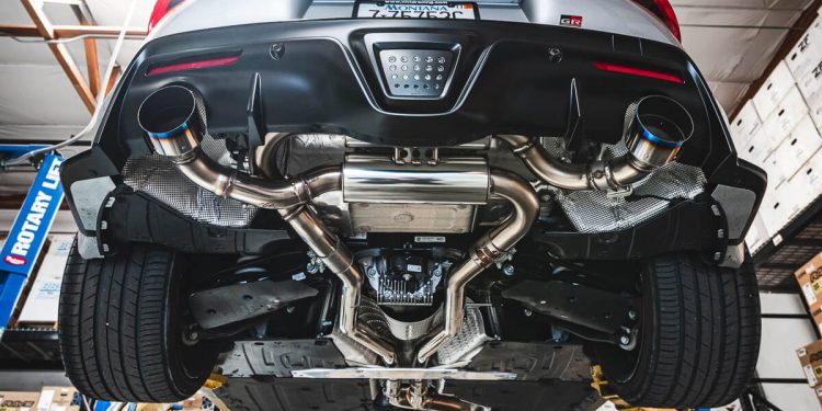 Undershot of Toyota Supra’s performance exhaust system.