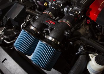 Close up of a dual-filter cold air intake system.
