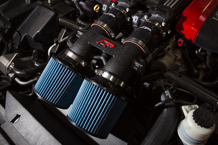 Close up of a dual-filter cold air intake system.