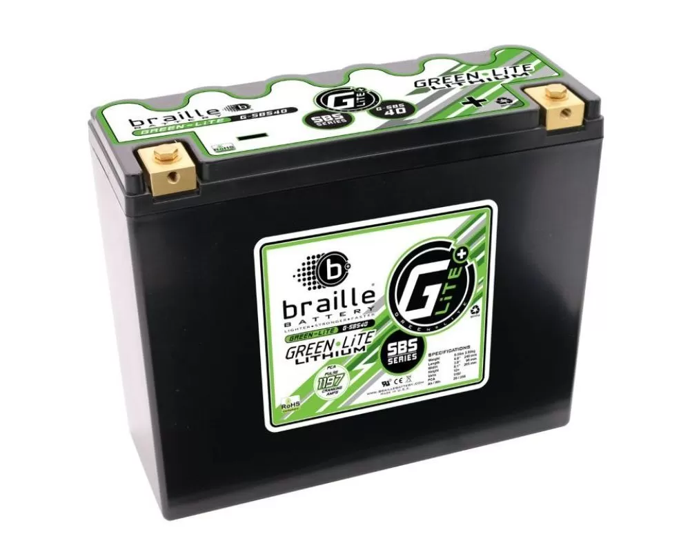 Braille 12 Volt/1197 PCA/20.0 AMP/8.5 Lbs Lithium Green-Lite Motorsports Right Battery - G-SBS40