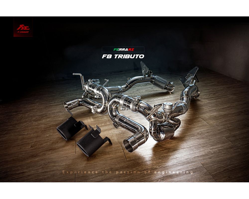 FI Exhaust Valvetronic Muffler w/ Dual Silver Tips (No Remote) Ferrari F8 Tributo (OPF) 2019-2023 - FR-F8-CBV + CAP-01S*4 + TIP-F8-S