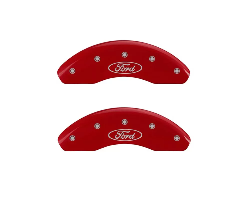 MGP Caliper Covers Front Set of 2: Red finish, Silver Ford Oval Logo Ford - 10102FFRDRD