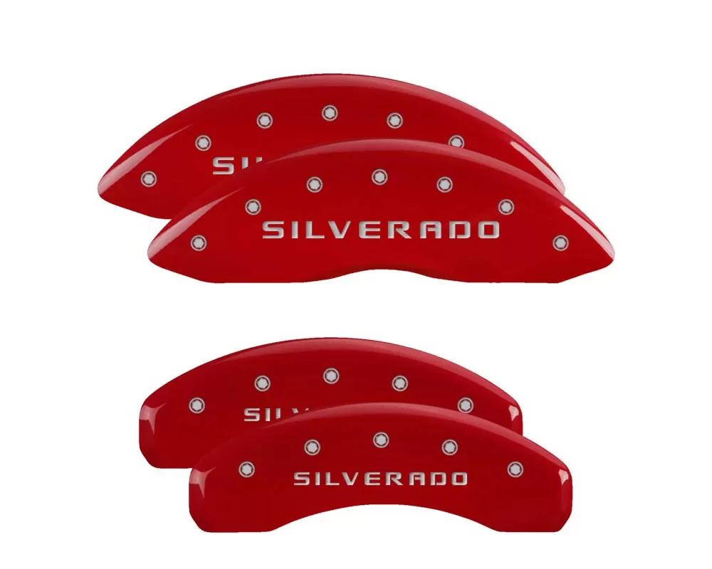 MGP Caliper Covers Set of 4: Red finish, Silver Silverado Chevrolet - 14002SSILRD