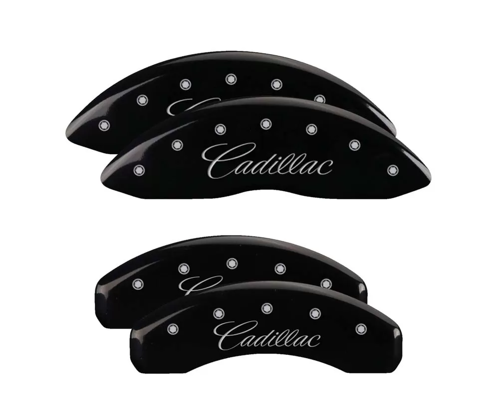 MGP Caliper Covers Set of 4: Black finish, Silver Cadillac (Cursive) Cadillac - 35028SCADBK