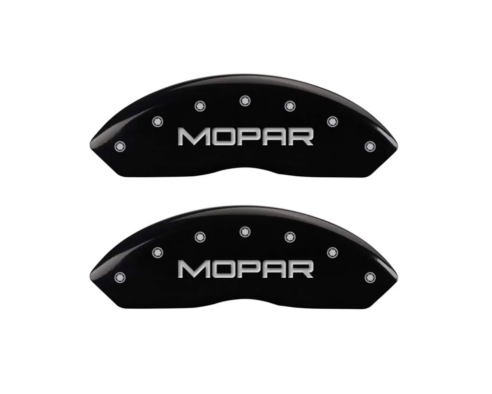 MGP Caliper Covers Front Set of 2: Black finish, Silver MOPAR Jeep Wrangler 1997-2006 - 42009FMOPBK