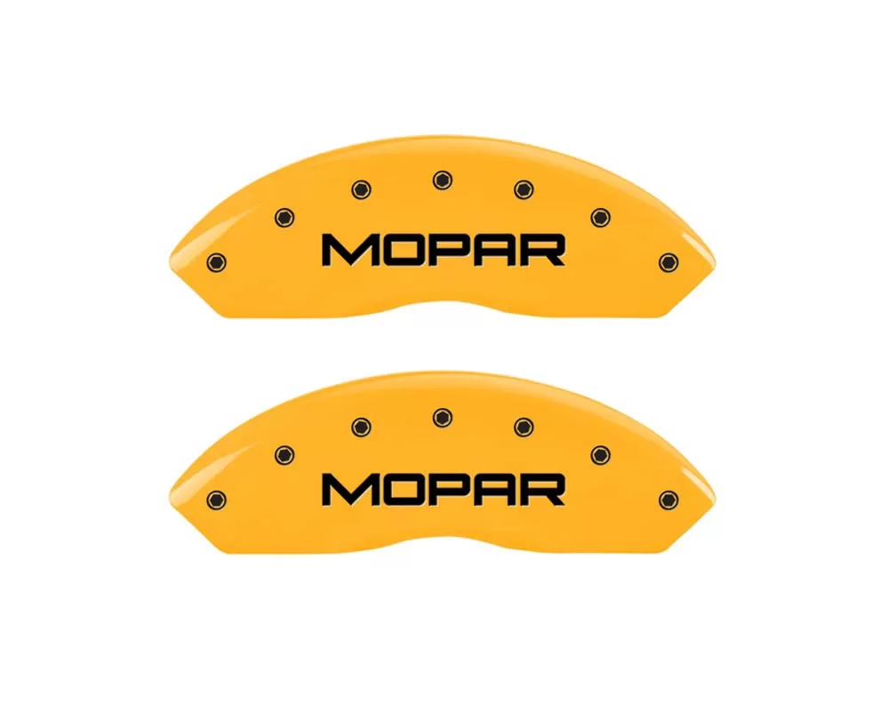 MGP Caliper Covers Front Set of 2: Yellow finish, Black MOPAR Jeep Wrangler 1997-2006 - 42009FMOPYL
