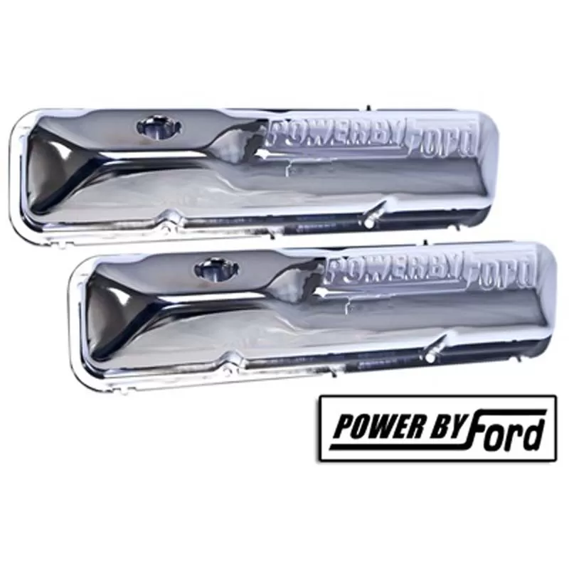 Scott Drake "Powered by Ford" Chrome Valve Covers Ford Mustang 1967-1973 - C6OZ-6A582-C
