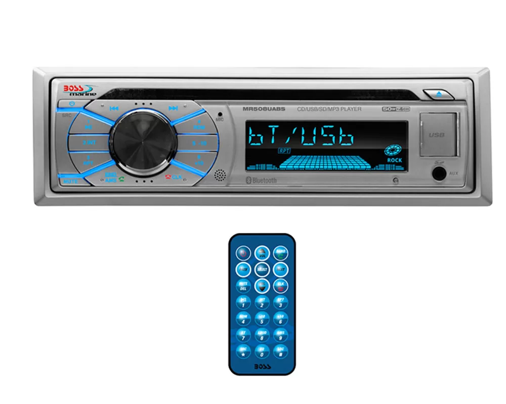 Boss Audio  Silver Marine Single Din Receiver CD|MP3|USB|SD Front Aux Remote - MR508UABS