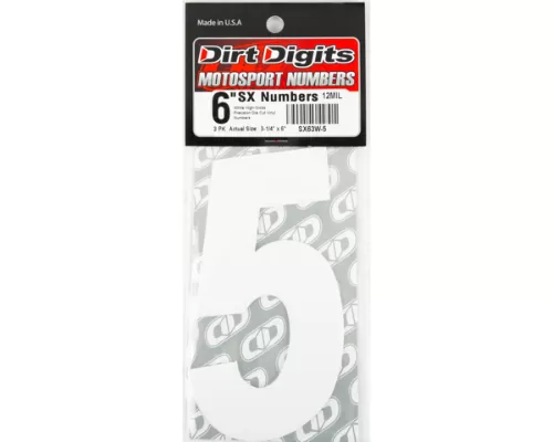 Dirt Digits 6" Number "5" White Super X Digits Competition Stick-on Numbers (3/Pk) - SX63W-5