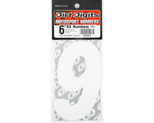 Dirt Digits 6" Number "9" White Super X Digits Competition Stick-on Numbers (3/Pk) - SX63W-9
