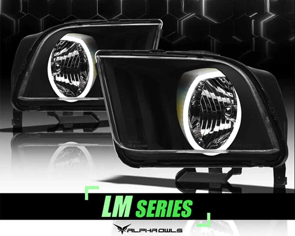 Alpha Owls LM Series Headlights (Crystal Headlights Black housing w/ LumenX Halo) Ford Mustang 2005-2009 - 8707616