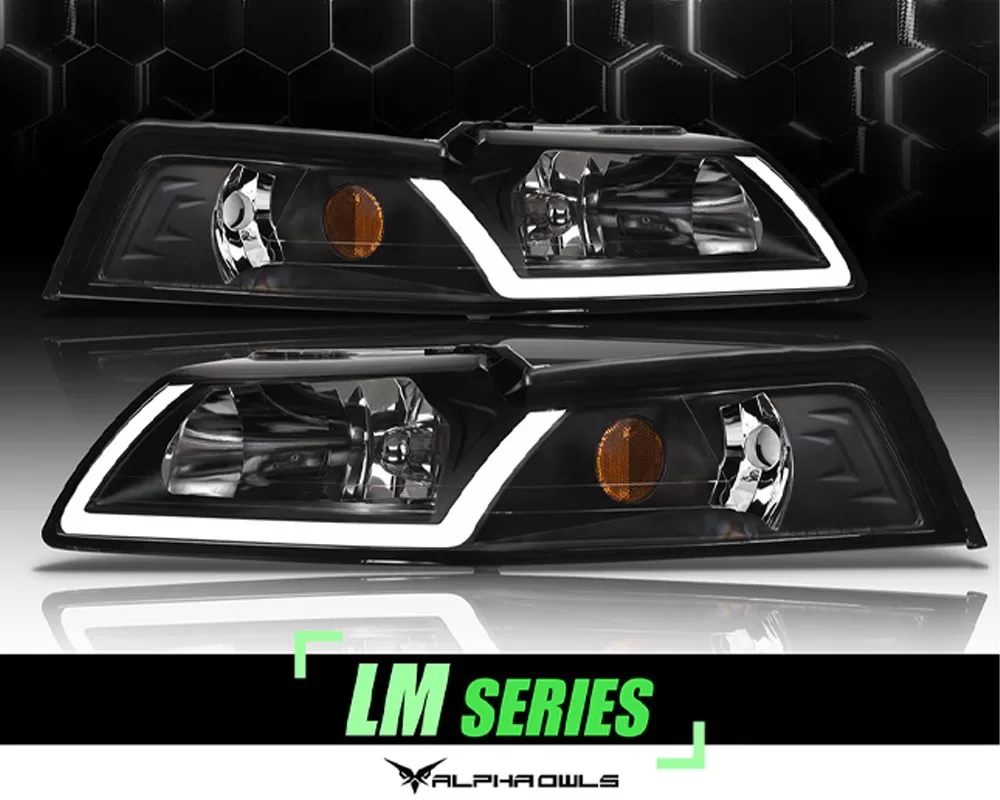Alpha Owls LM Series Headlights (Crystal Headlights Black housing w/ LumenX Light Bar) Ford Mustang 1999-2004 - 8709597