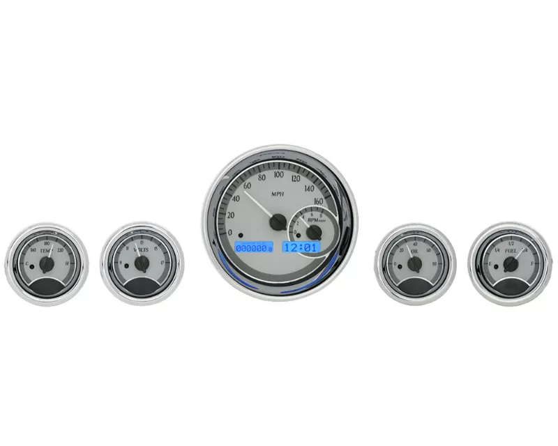 Dakota Digital 5-Piece Round Universal VHX System Silver Alloy Style Face Blue Display - VHX-1022-S-B