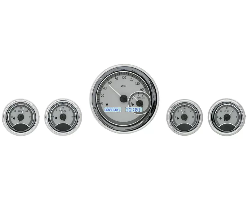 Dakota Digital 5-Piece Round Universal VHX System Silver Alloy Style Face White Display - VHX-1022-S-W