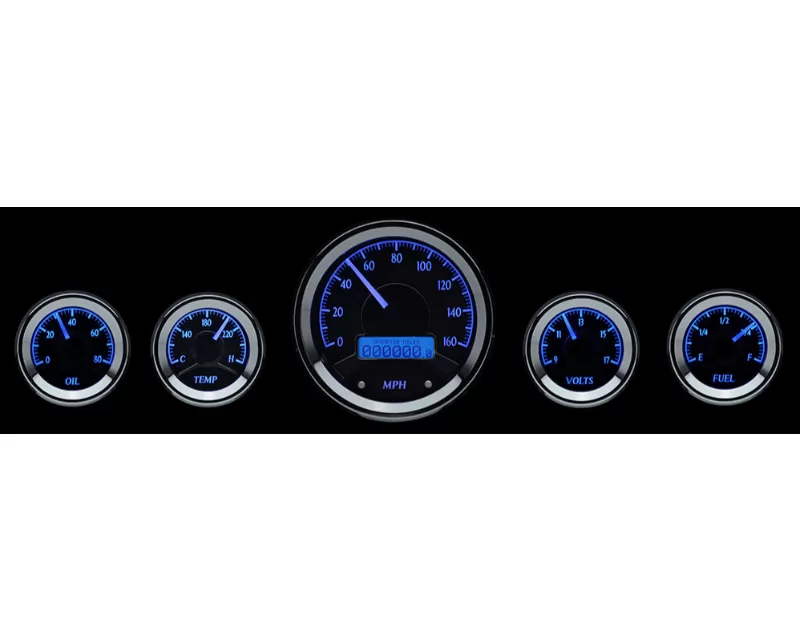 Dakota Digital 5-Piece Round Universal VHX System Black Alloy Style Face Blue Display - VHX-1050-K-B
