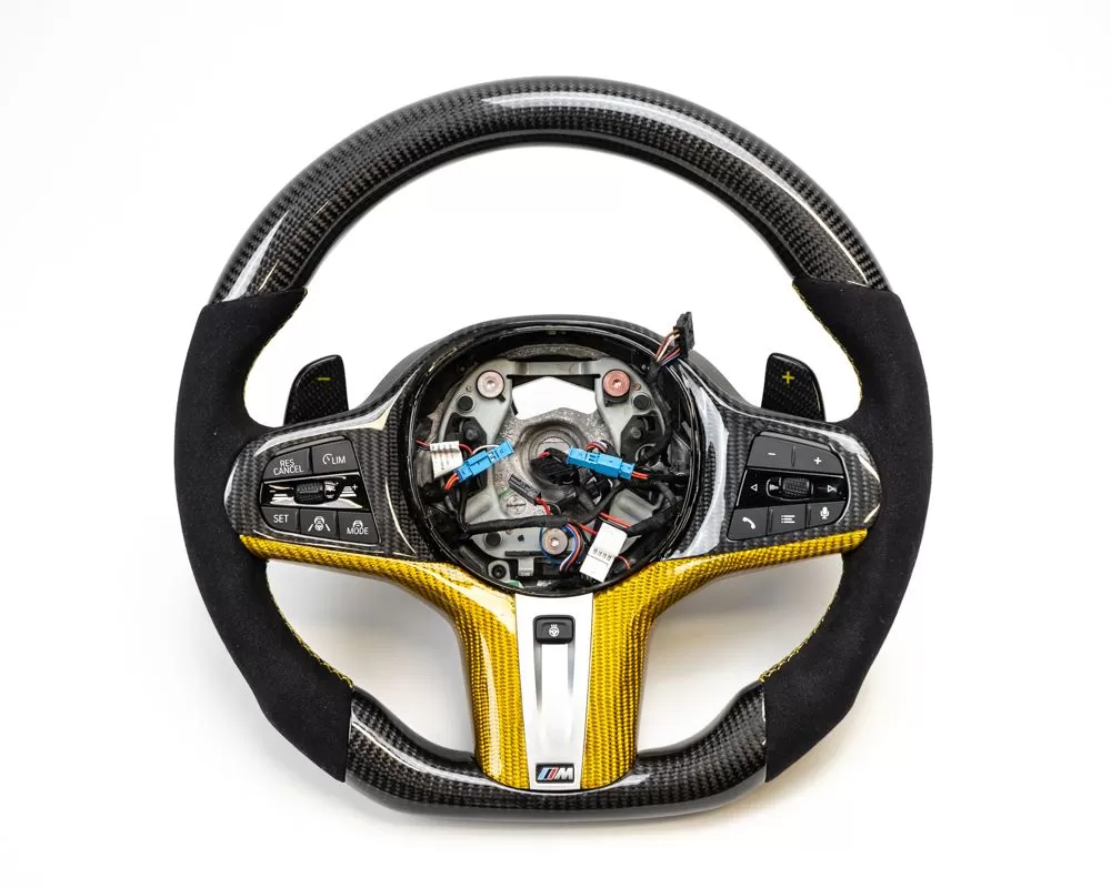 BMW M8 | M850i OEM Upgraded Steering Wheel Carbon Fiber, Alcantara, Yellow Stitching - VR-BMW-M850-STRWHL-YALC