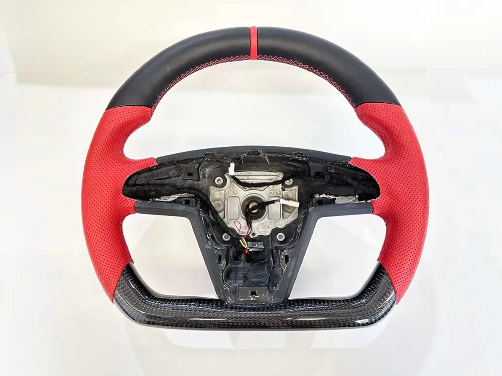 Tesla Model S Plaid | Model X Plaid OEM Yoke Delete Upgraded Steering Wheel Red and Black Leather, Carbon Fiber - VR-TESLA-PLY-STRWHL-BLCFB
