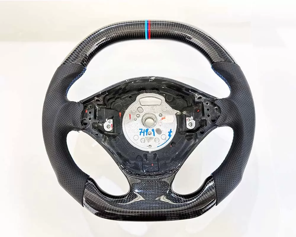 BMW M3 E46 OEM Upgraded Steering Wheel Carbon Fiber, M Stripe/Stitching - VR-BMW-E46M3-STRWHL-CFTRIBLU