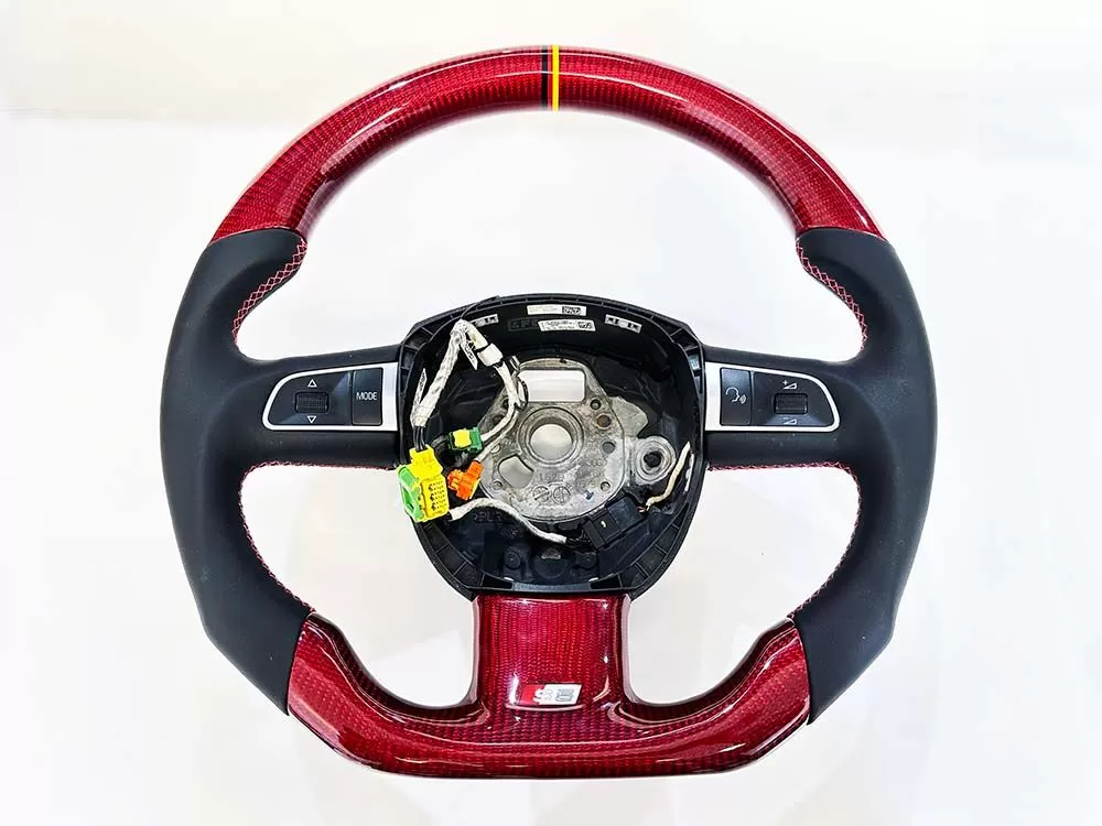 Audi S5 OEM Upgraded Steering Wheel Red Carbon Smooth Leather Grips - VR-AUDI-0511-3SPK-STRWHL-RDCF
