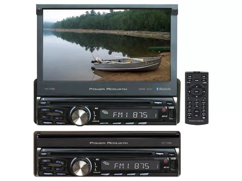Power Acoustik 7" Single Motorized Touchscreen DVD Receiver with Detachable Control Panel, and Remote - PD720B