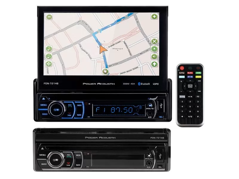 Power Acoustik 7" Motorized Flip Out Touchscreen DVD Receiver with Detachable Control Panel, Navigation and Remote - PDN721HB