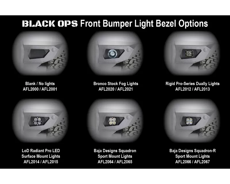 LOD Black Ops Rigid Dually Front Light Bezel Pair Black Powder Coated Ford Bronco 2021-2022 - AFL2013