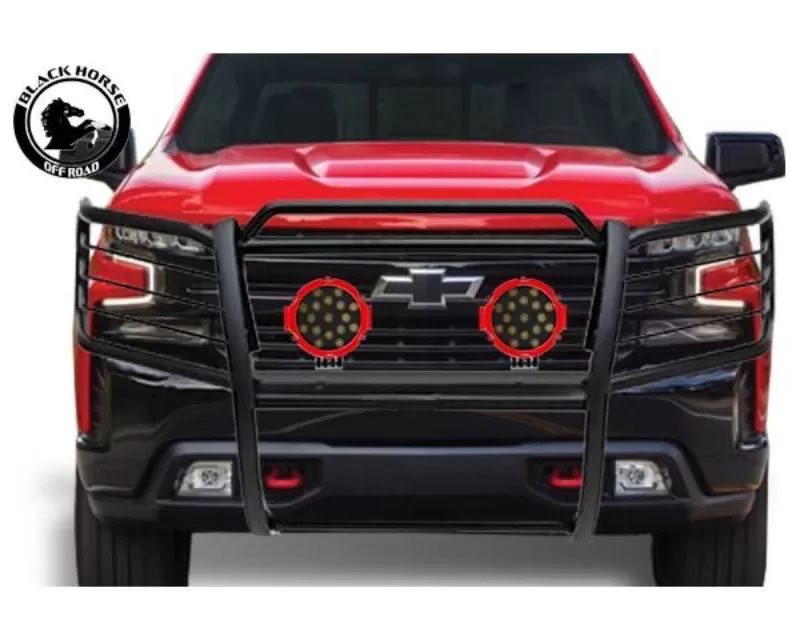 Black Horse Off Road Black Grille Guard Kit w/Set of 7" Red LED Chevrolet Silverado 1500 2019-2021 - 17GT29MA-PLR