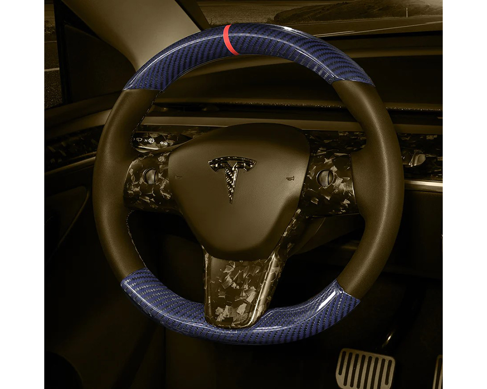 Carbonati Glossy Blue Real Molded Dry Carbon Fiber Steering Wheel Stalk Cover Tesla Model 3 | Model Y 2017+ - 930112
