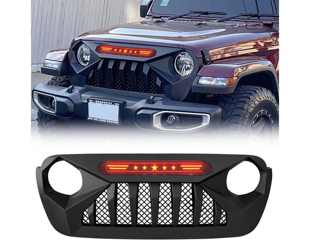American Modified Demon Grille With Red 5 Star LED Lights Bar Jeep Wrangler JL | Gladiator JT w/o TrailCam 2018-2024 - AMJPCA00110