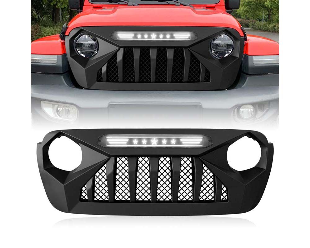 American Modified Demon Grille With White 5 Star Lights Bar Jeep Wrangler JL | Gladiator JT w/o TrailCam 2018-2024 - AMJPCA00111