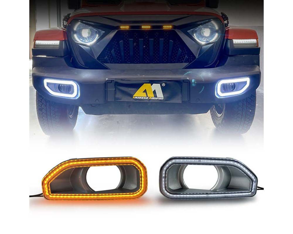 American Modified Front Bumper Fog Cover With DRL and Turn Signal Jeep Wrangler JL | Gladiator JT 2018-2024 - AMJPCC00805