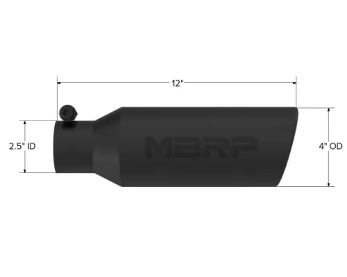 MBRP Black Coated 4" OD 2.5" Inlet 12" Length Angled Cut Rolled End Clampless-No Weld Exhaust Tip - T5150BLK