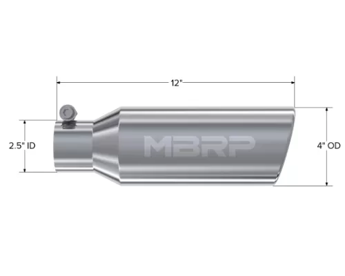 MBRP T304 Stainless Steel 4" OD 2.5" Inlet 12" Length Angled Cut Rolled End Clampless-No Weld Tip - T5150