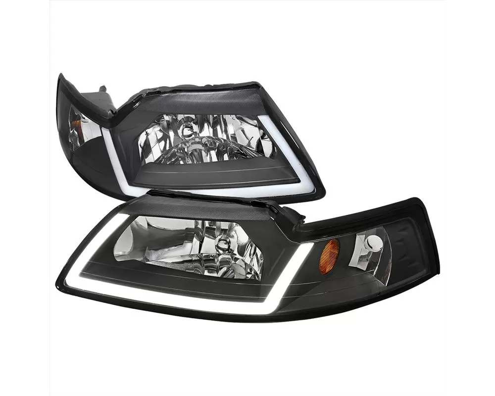 LED Bar Factory Style Headlights with Amber Reflector Matte Black Housing/Clear Lens Ford Mustang 1999-2004 - 2LH-MST99JM-G3-GO