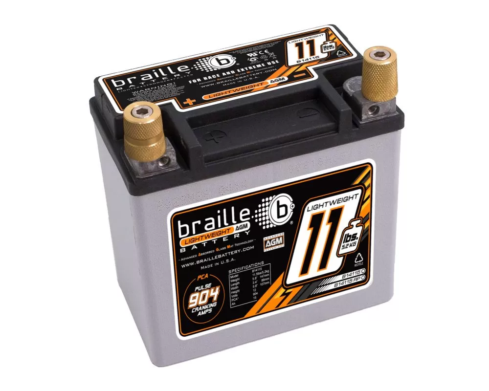 Braille Lightweight Advanced AGM Racing Battery | 904 Amp | 6 x 3 x 6  inch | Left Positive - B14115