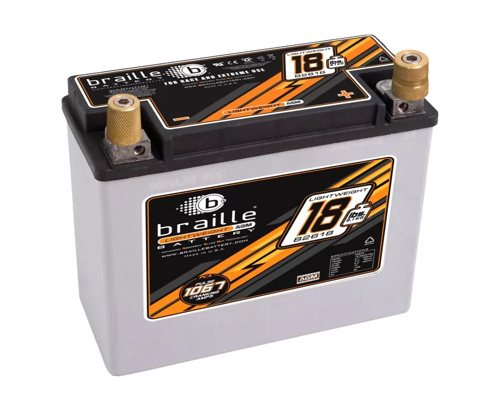 Braille Lightweight Advanced AGM Racing Battery | 1168 Amp | 8 x 4 x 6  inch | Right Positive - B2618