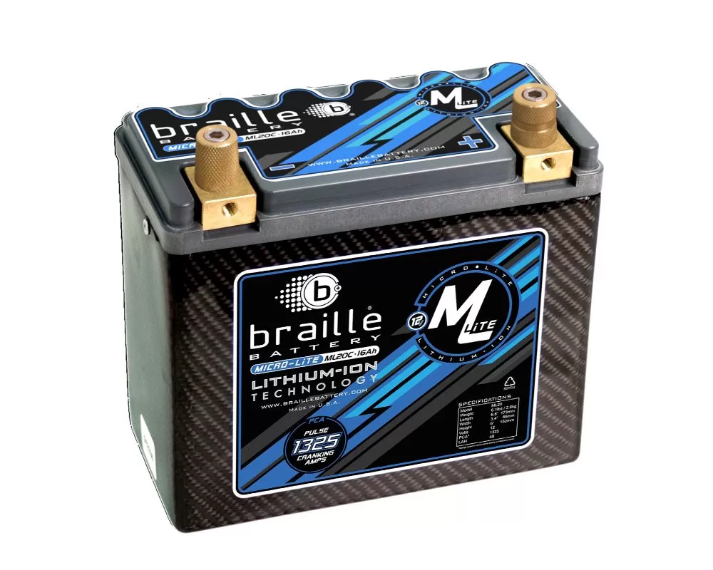 Braille Lithium Ion MiCRO-LiTE Carbon 12 Volt Battery | 1152 Amp | 7 x 3 x 6 inch | Left Positive - ML20C