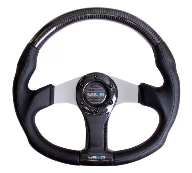 NRG Carbon Fiber Steering Wheel 350mm Aluminum-Carbon Center Silver Flat Bottom - ST-013CFSL