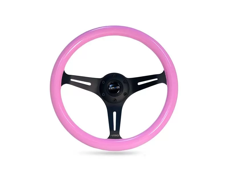 NRG Solid Pink Painted Grip 3 Black Spokes 350mm Classic Wood Grain Wheel Universal - ST-015BK-PK