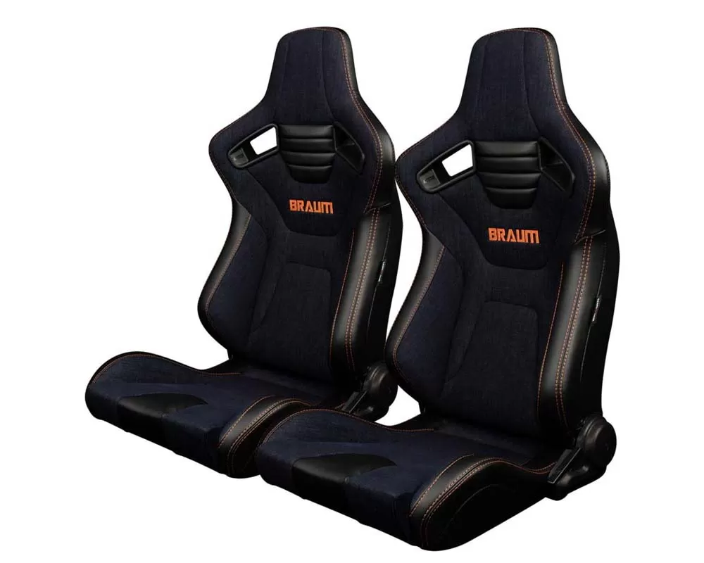 Braum Racing Elite-X Series Sport Seats - Black PU|Navy Denim (Orange Stitching) - BRR1X-NDOS