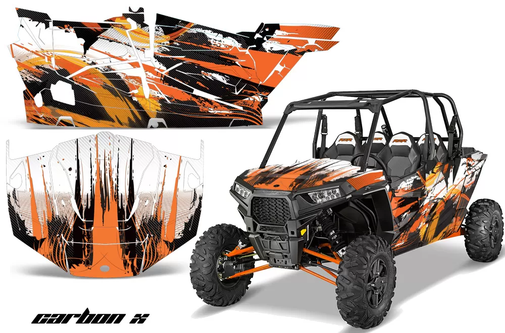 AMR Racing Full Custom UTV Graphics Decal Kit Wrap Carbonx Orange Polaris RZR XP4 1000 13-18 - POL-RZR1000-4DR-13-18-CX O