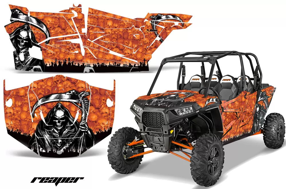 AMR Racing Full Custom UTV Graphics Decal Kit Wrap Reaper Orange Polaris RZR XP4 1000 13-18 - POL-RZR1000-4DR-13-18-RP O