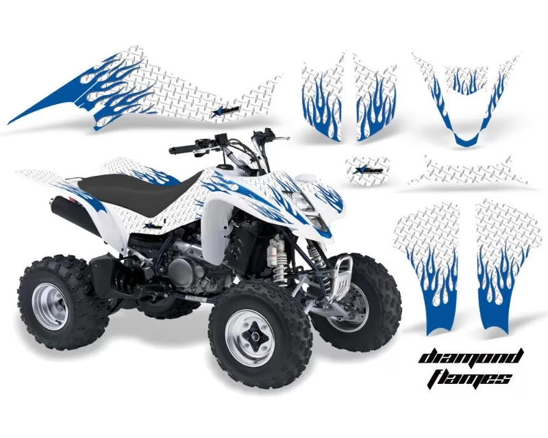AMR Racing  Graphics Kit Decal Sticker Wrap DIAMOND FLAMES BLUE WHITE Kawasaki KFX400 03-08 - KAW-KFX400-03-08-DF U W