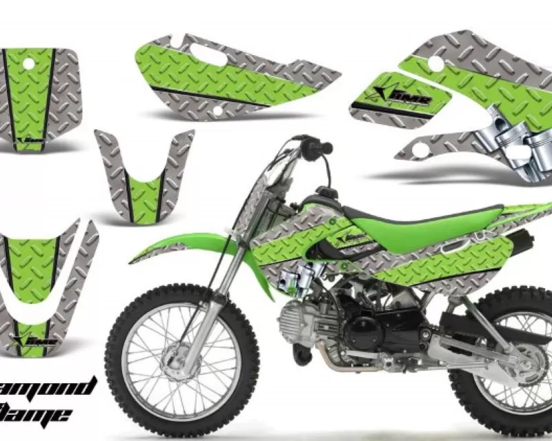 AMR Racing Decal Graphic Kit Wrap For Kawasaki KLX 110 2002-2009 | KX 65 2002-2018 DIAMOND RACE GREEN SILVER - MX-KAW-KLX110-02-09-KX65-02-18-DR G S