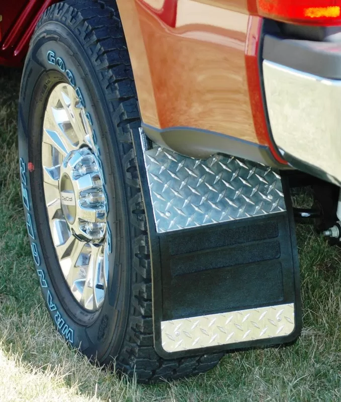 Owens Products 12 x 18 Diamond Tread Aluminum Inserts Classic Single Rear Wheel Rubber Mud flaps Ford F250 | F350 2017-2019 - 86003