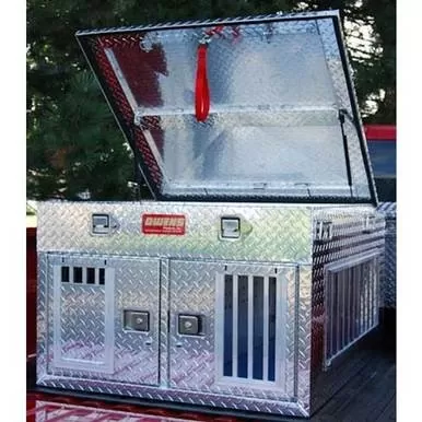 Owens Products 38 W x 45 D x 26 H Diamond Tread Aluminum Dog Box Hunter Series Double Compartment with Top Storage & All Seasons Vents - 55011